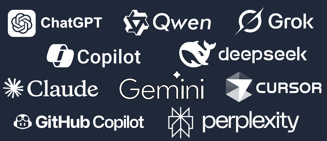 AI Agents Logos - ChatGPT, Qwen, Grok, Copilot, DeepSeek, Claude, Gemini, Cursor, GitHub Copilot, Perplexity